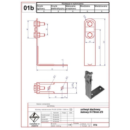 01B UCHWYT DACHOWY KĄTOWY H-70MM. ZS
