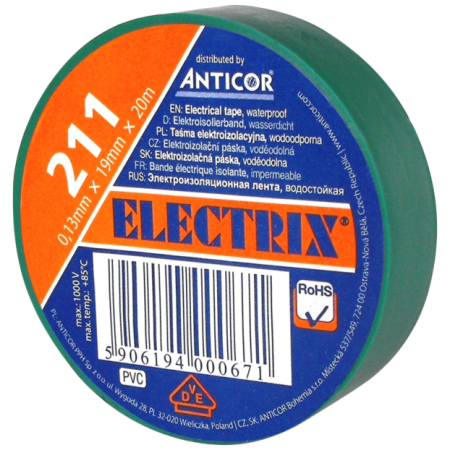 211P 19X20 TAŚMA IZOLACYJNA 19MM 20M PVC ZIELONY