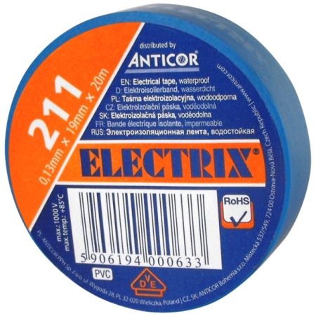 211P 19X20 TAŚMA IZOLACYJNA 19MM 20M PVC NIEBIESKI