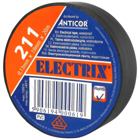 211P 19X20 TAŚMA IZOLACYJNA 19MM 20M PVC CZARNY