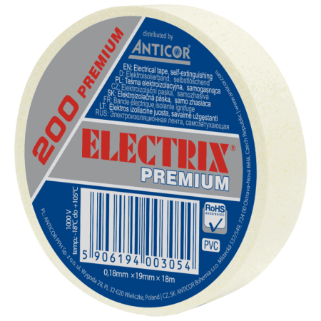 200 19X18 TAŚMA IZOLACYJNA 19MM 18M PVC BIAŁY PREMIUM