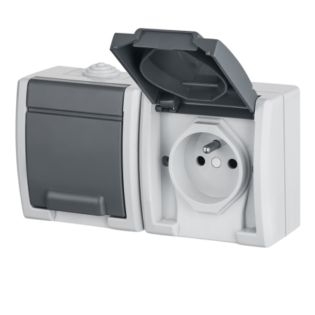 AQUANT SZARY GNIAZDO NT 2X Z/U Z KLAPKĄ IP55 ZACISKI ŚRUBOWE 16A 250V