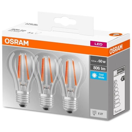 LED BASE ŻARÓWKA LED BULB FILAMENT 6.5/60W E27 230V PRZEZROCZYSTA 840 NW 4000K 806LM 360ST OPK=3SZT