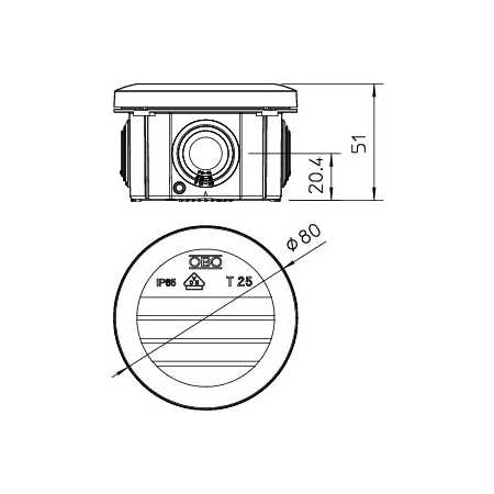 T 25 PUSZKA INSTALACYJNA NT 80X51 POKRYWA PEŁNA IP65 IK07 OKRĄGŁA JASNOSZARY T-SERIA