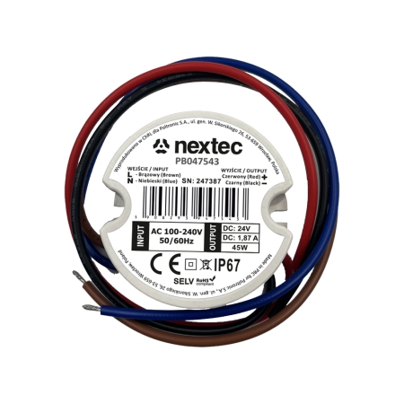 NEXTEC ZASILACZ LED DO PUSZKI  45W 1.87A 100-240V AC / 24V DC IP67 OKRĄGŁY 50MM