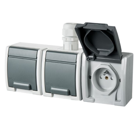 AQUANT 2K SZARY GNIAZDO NT 3X Z/U Z KLAPKĄ IP65 ZACISKI ŚRUBOWE 16A 250V