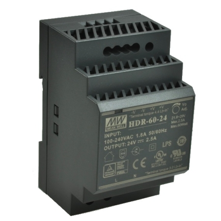 HDR ZASILACZ NA SZYNĘ DIN  60W 2.5A 85-264V AC -120-370V DC / 24V DC 3M