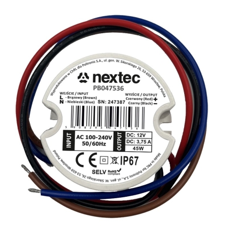 NEXTEC ZASILACZ LED DO PUSZKI  45W 3.75A 100-240V AC / 12V DC IP67 OKRĄGŁY 50MM