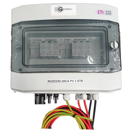 ROZDZIELNIA PV DC 2 SEKCJE 2X OGRANICZNIK PV ETI T1+2 1000V DC,  2X ROZŁĄCZNIK BEZPIECZNIKOWY ETI