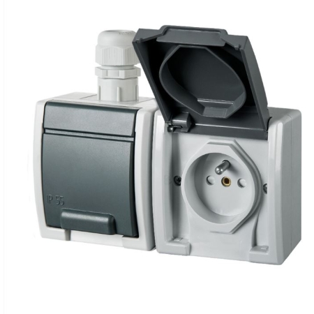 AQUANT 2K SZARY GNIAZDO NT 2X Z/U Z KLAPKĄ IP65 ZACISKI ŚRUBOWE 16A 250V