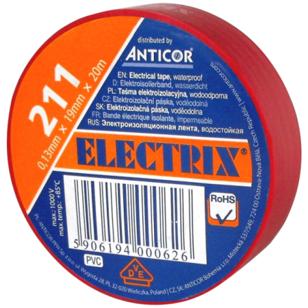 211P 19X20 TAŚMA IZOLACYJNA 19MM 20M PVC CZERWONY
