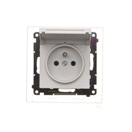 SIMON 55 MODUŁ JASNOSZARY MAT GNIAZDO 1X Z/U Z KLAPKĄ IP44 ZACISKI SPRĘŻYNOWE 16A 250V