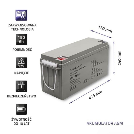 Akumulator AGM Qoltec 12V | 150Ah | max2250A-275155