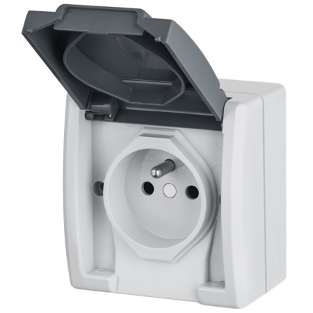 AQUANT 2K SZARY GNIAZDO NT 1X Z/U Z KLAPKĄ IP55 ZACISKI ŚRUBOWE 16A 250V