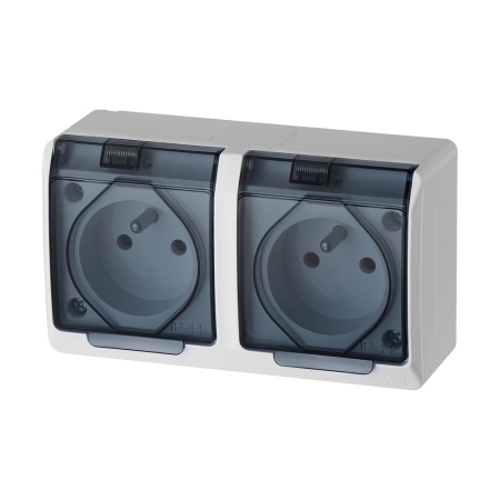 HERMES BIAŁY GNIAZDO NT 2X Z/U Z KLAPKĄ DYMNĄ IP44 ZACISKI ŚRUBOWE 16A 250V