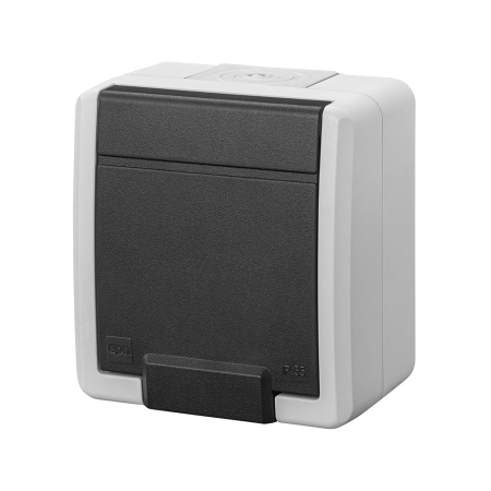 AQUANT 2K SZARY GNIAZDO NT 1X Z/U Z KLAPKĄ IP55 ZACISKI ŚRUBOWE 16A 250V