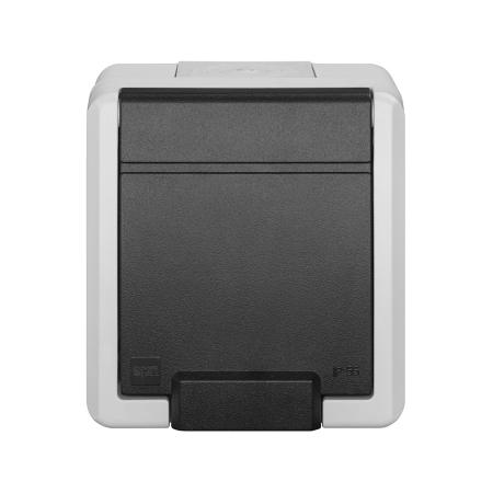 AQUANT 2K SZARY GNIAZDO NT 1X Z/U Z KLAPKĄ IP55 ZACISKI ŚRUBOWE 16A 250V