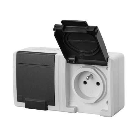 AQUANT 2K SZARY GNIAZDO NT 2X Z/U Z KLAPKĄ IP55 ZACISKI ŚRUBOWE 16A 250V