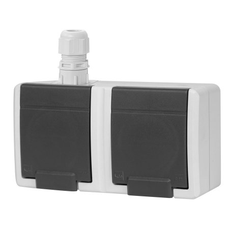 AQUANT 2K SZARY GNIAZDO NT 2X Z/U Z KLAPKĄ IP65 ZACISKI ŚRUBOWE 16A 250V